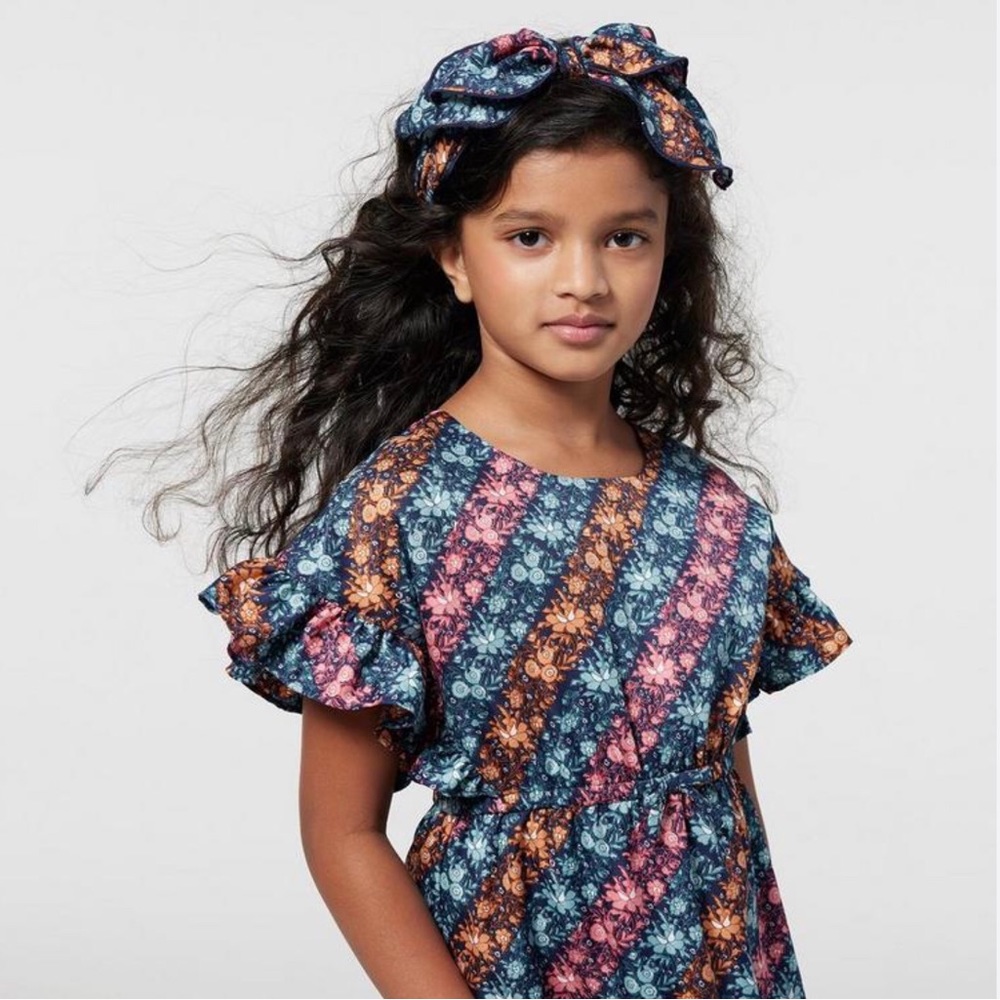 Janie and Jack Diagonal Floral Stripe Ruffle Dress, Navy Pink Orange Size 6